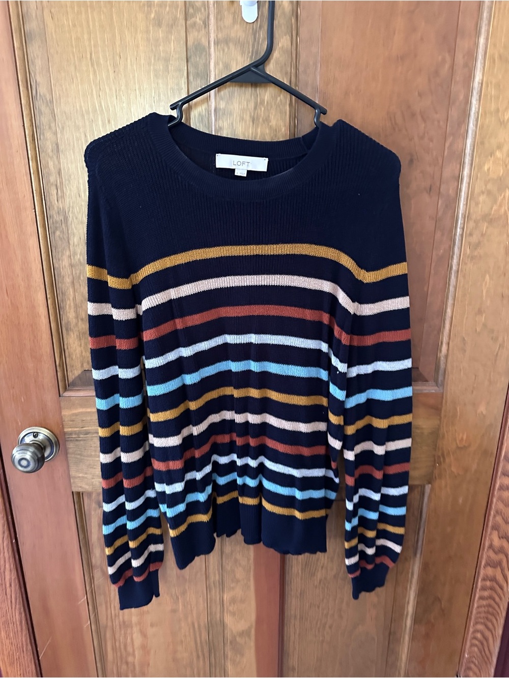 LOFT Navy Striped Crewneck Sweater with Mustard, Rust and Light Blue
